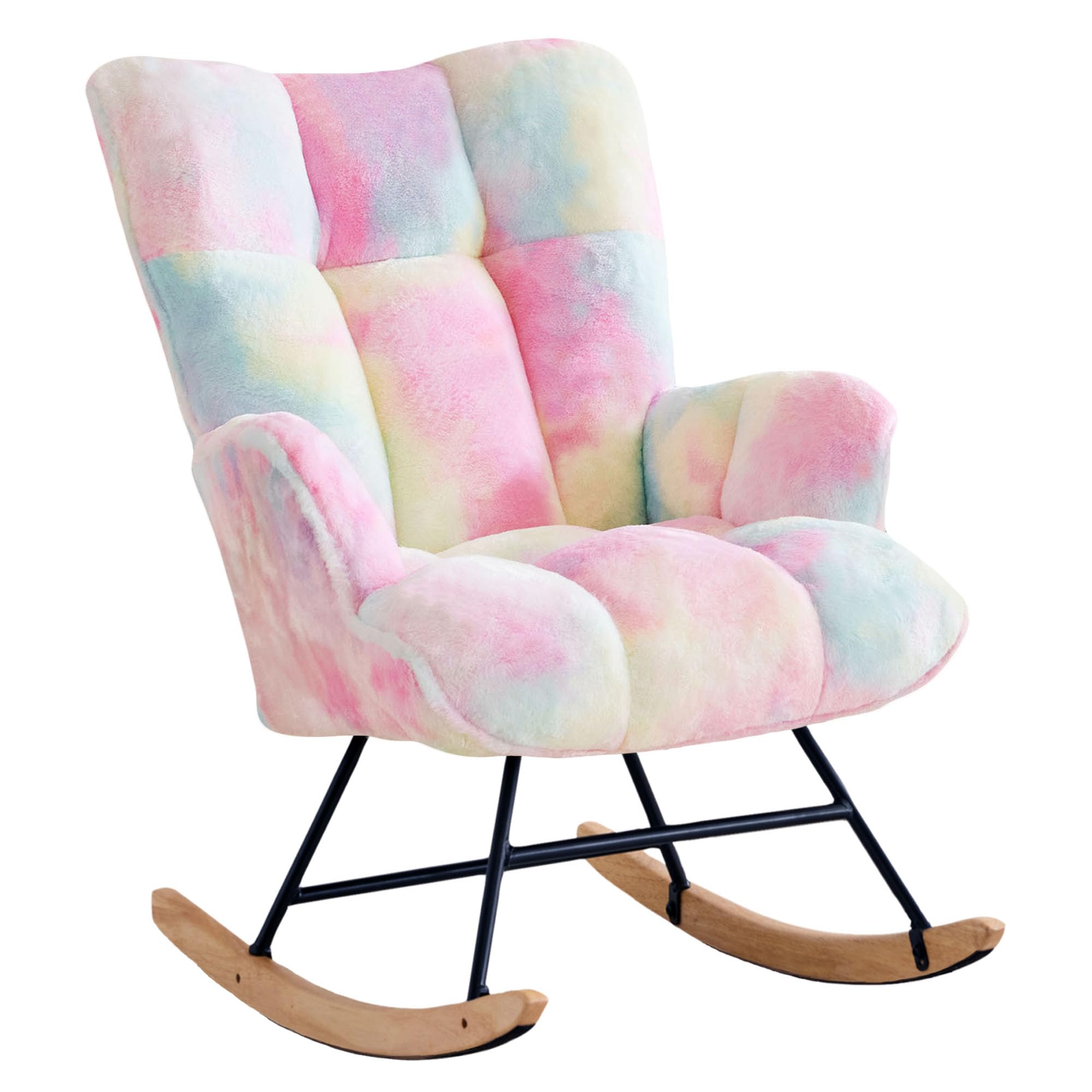 XH.Easy Go Rocking Chair Nursery Teddy Upholstered Glider Rocking Accent Chairs Padded Seat with Rubber Wood Legs Armchair Comfy Side Chair for Living Room Bedroom Offices (Colorful)