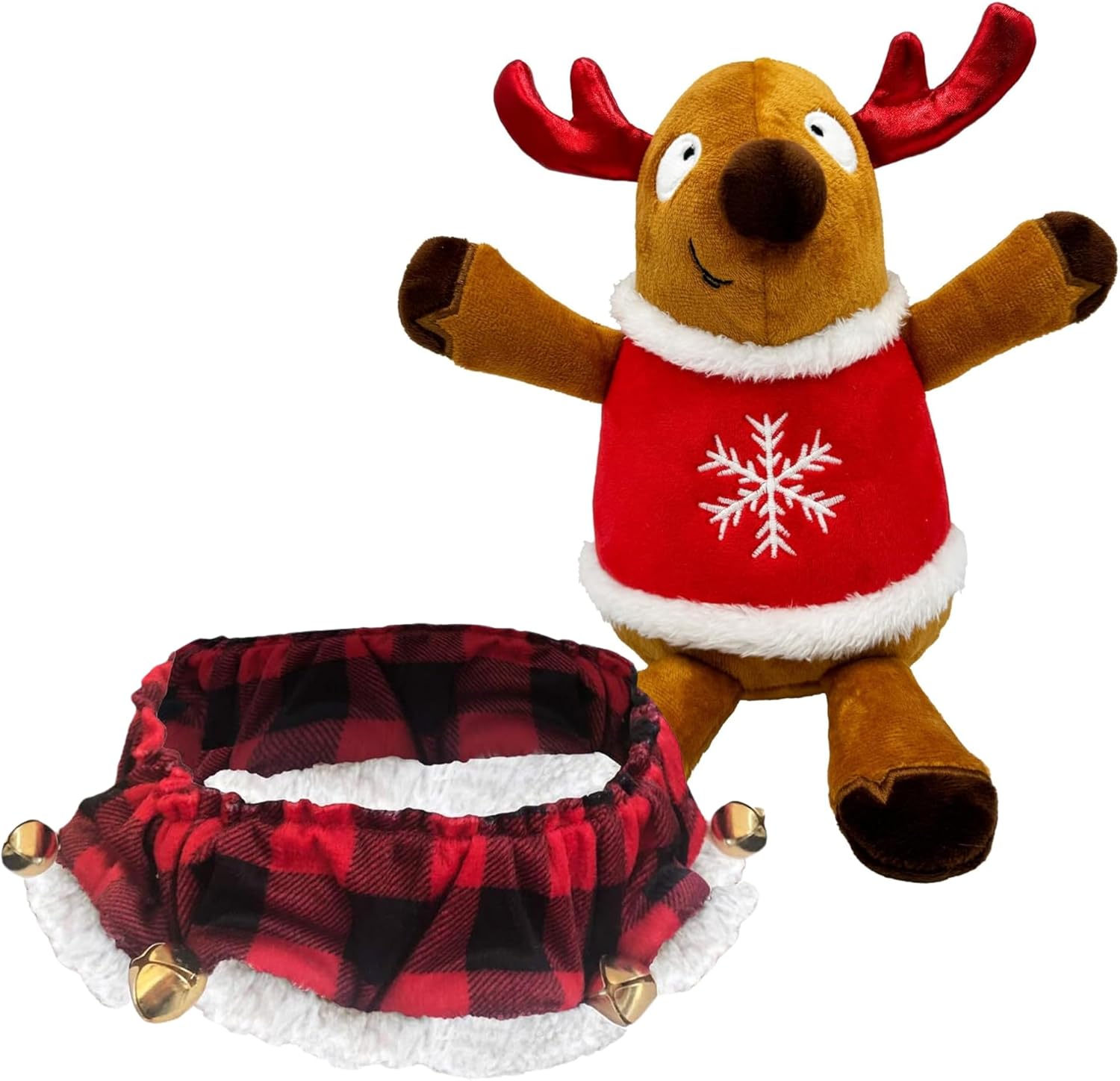 Huxley & Kent Christmas Holiday Ruff & Dog Toy Bundle | Large Buffalo Check Ruff and Large Rocky Reindeer Plush Dog Toy | Large Plush Dog Toy and Large Stretchable Neckwear for Dogs