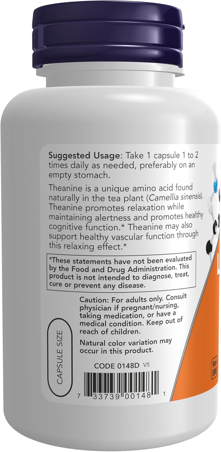 NOW Foods Supplements, L-Theanine 200 mg with Inositol, Stress Management*, 120 Veg Capsules