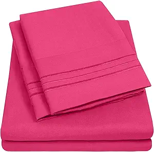 Split King Size Size Sheet Set with Built-in Sheet Straps - Deep Pocket Fitted Sheet, Flat Sheet & Pillowcases - Soft, Wrinkle-Free, Secure Fit - Fuschia