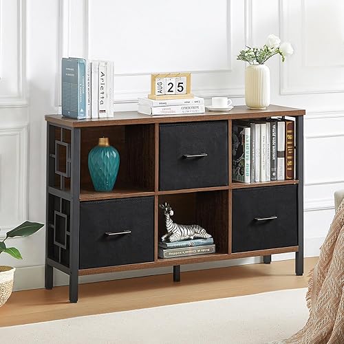 Miniatura 3 de HOMISSUE Estante organizador de almacenamiento de 6 cubos, estantería rústica corta con 3 contenedores de almacenamiento, estantería horizontal