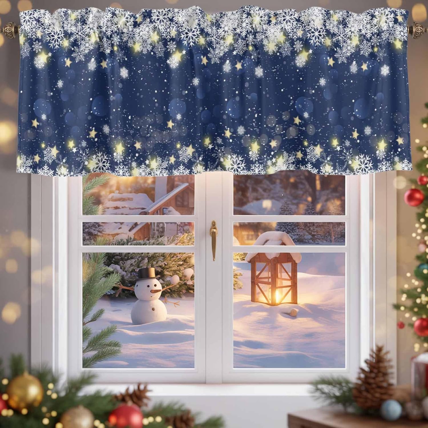 Navy Blue Snowflake Christmas Curtain Valances for Windows, Yellow Xmas Star Kitchen Valance Window Treatments 2 Pack, Winter Snowflake Short Curtains for Bathroom Bedroom 54x18 Inch