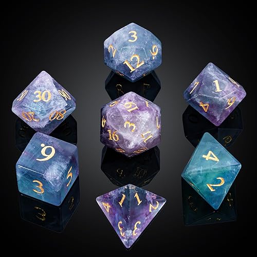UDIXI Juego de dados DND de piedras preciosas naturales, 7 piezas de dados de cristal de fluorita de color para juegos de mesa D&D