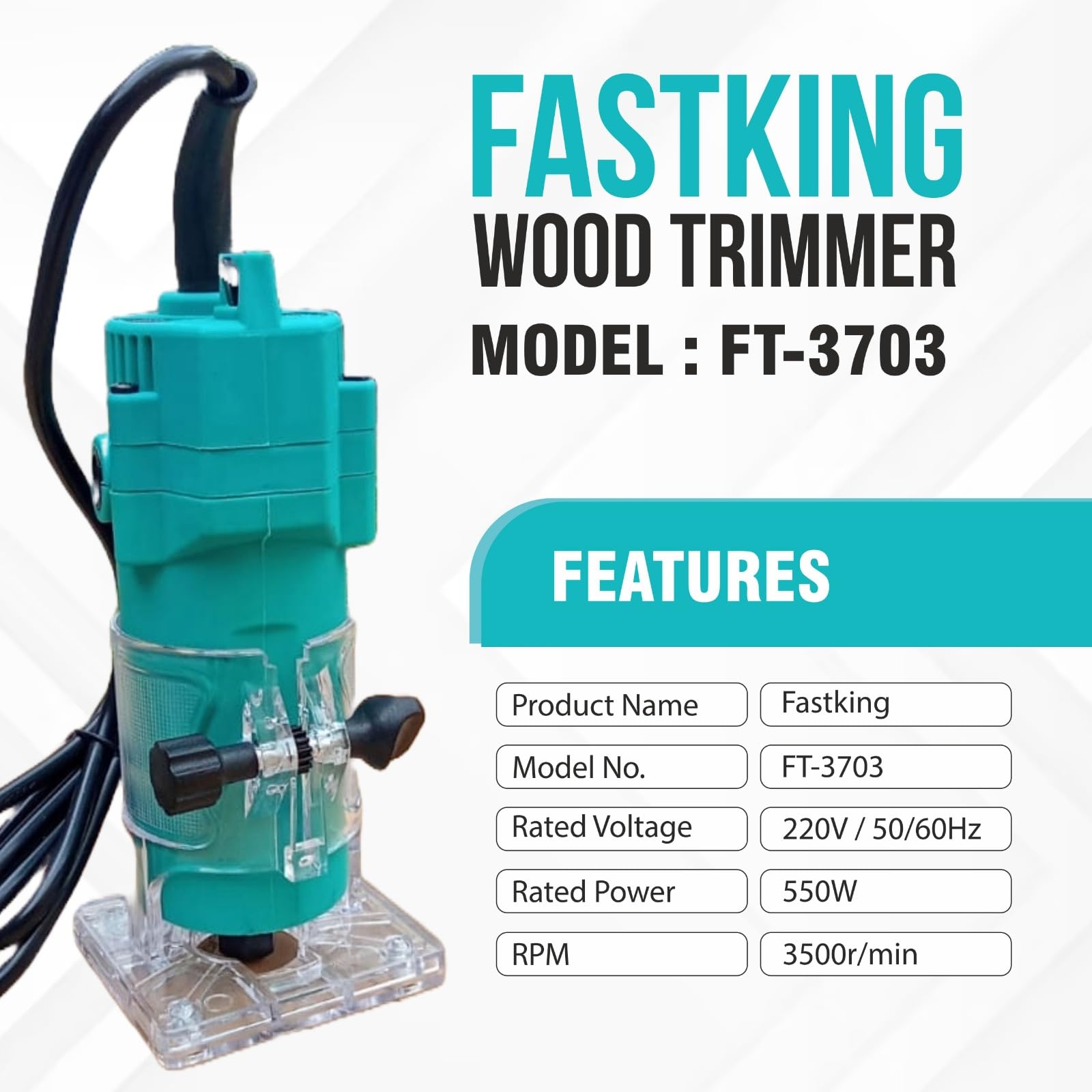 KRISHAK TOOLS Fastking Wood Trimmer/Router With 6-Pieces Different Shaped 6.35MM Router Bit Set 6MM 6.35MM and 8MM Collets 3M long Cord (Subject To Availability Colour (Blue/Cyan) 1