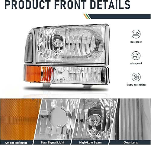 Miniatura 5 de Conjunto de faros delanteros para Ford F250 F350 F450 F550 Super Duty  00 01 02 02 03 04 Ford Excursion Sets de faros delanteros con carcasa cromada