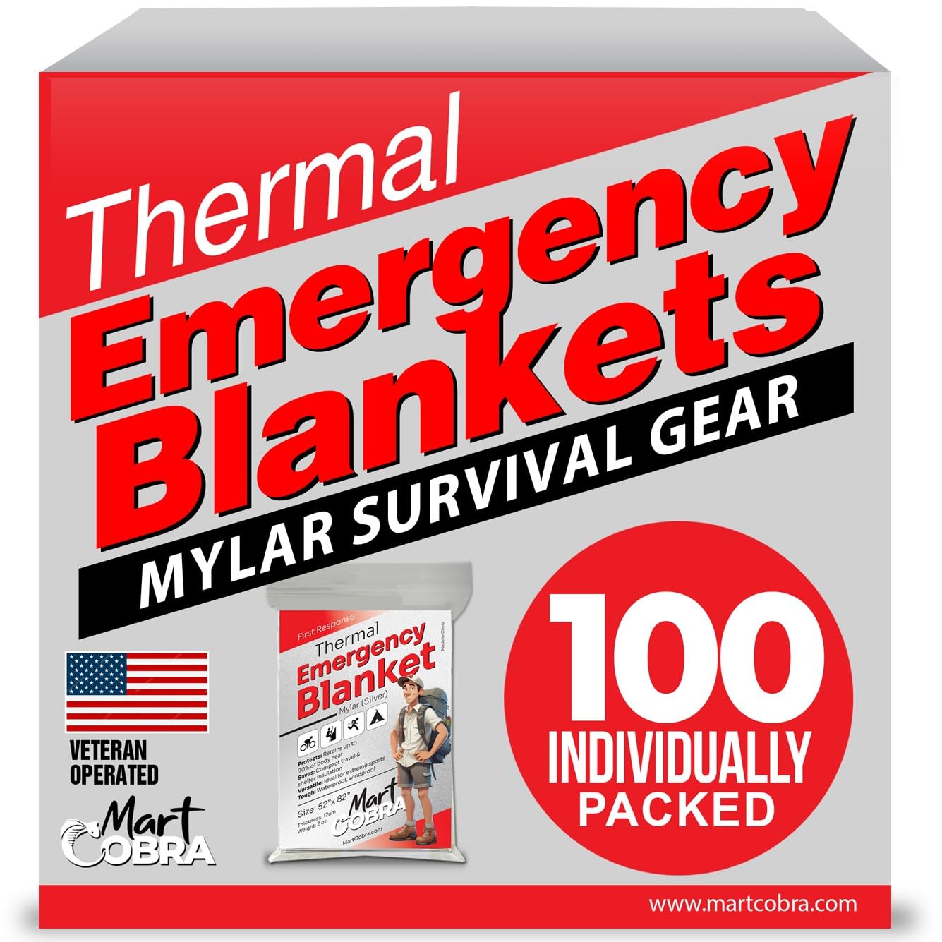 Mart Cobra Emergency Blanket 100-Pack | Reflective Thermal Blanket | Survival Gear | Lightweight Mylar Blankets | Retains 90% Body Heat | Essential for Camping, First Aid, Homeless Care Package BulkMart Cobra Emergency Blanket 100-Pack | Reflec…