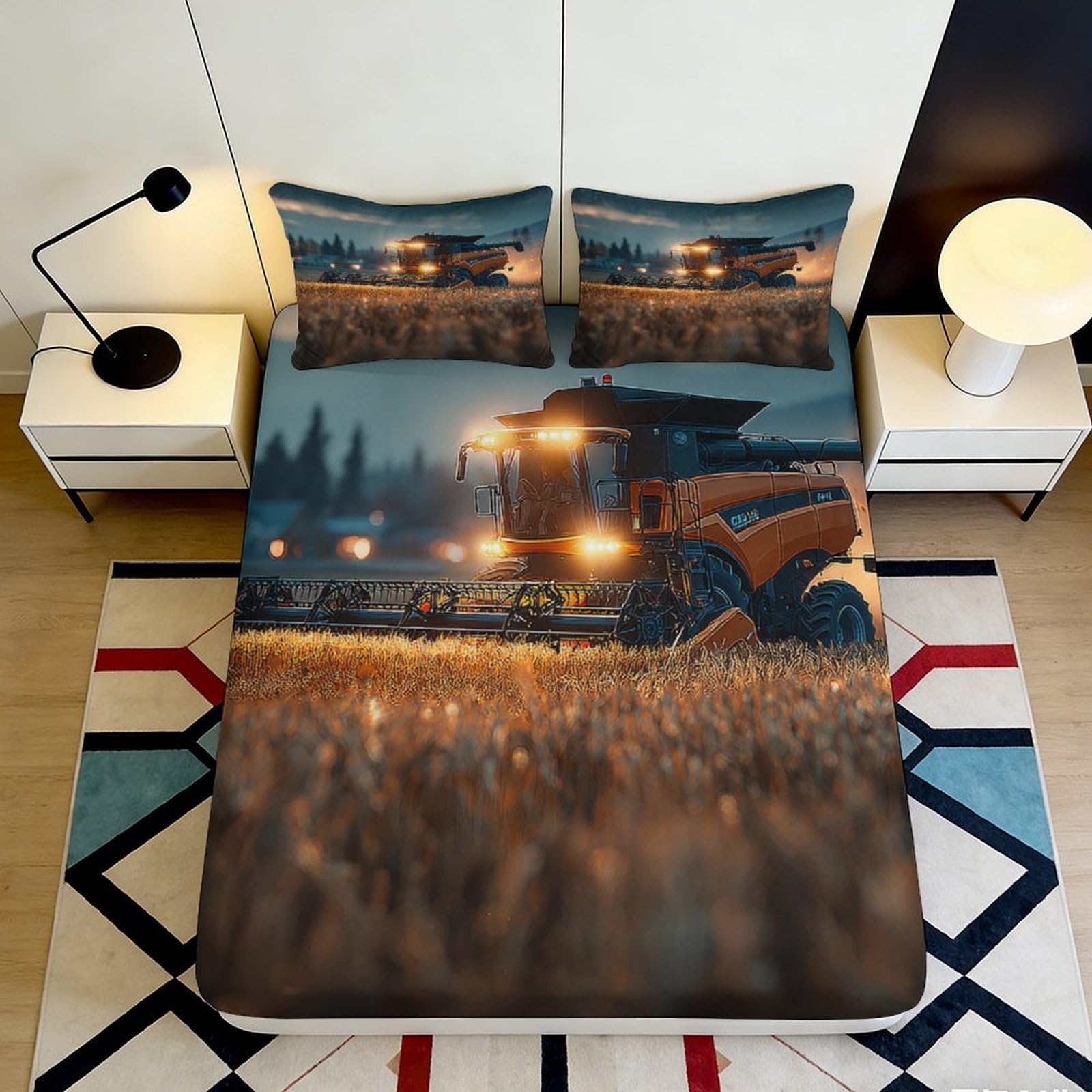 3D Printed Harvest Tractor Fitted Sheet Microfiber Soft Wheat Field Bed Cover for Bedroom Guest Room Decor 90x200x25cm