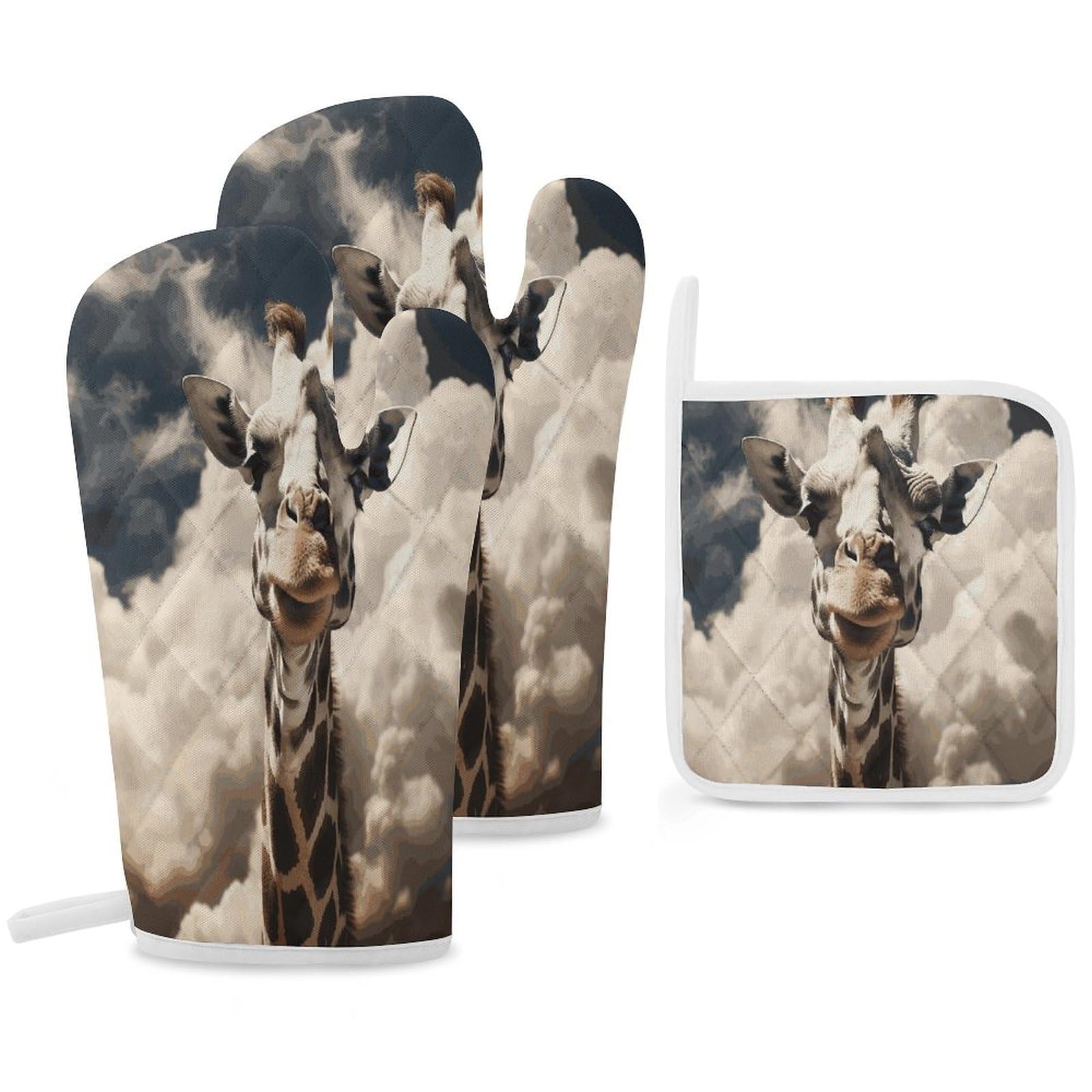 Fekiloot Style Giraffe In The Clouds Oven Mitts Funny Heat Resistant,Oven Glove With Hanging Loop,Resistant Hot Pads For Kitchen Baking Grilling Cooking