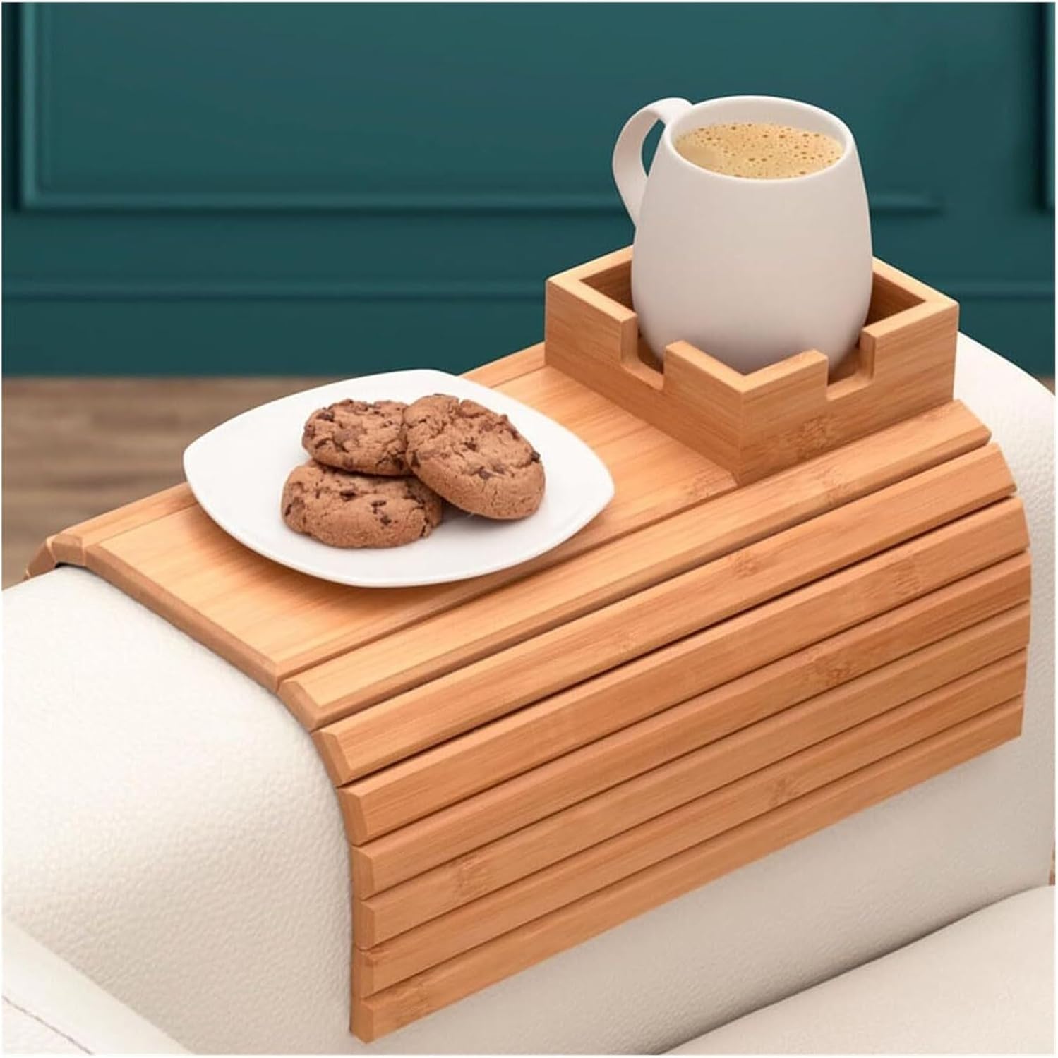 Foldable Bamboo Tray with Cup Holder Adjustable Armrest Table for Couch Recliner Non-Slip Sofa Organizer Space-Saving Bamboo Tray(E)