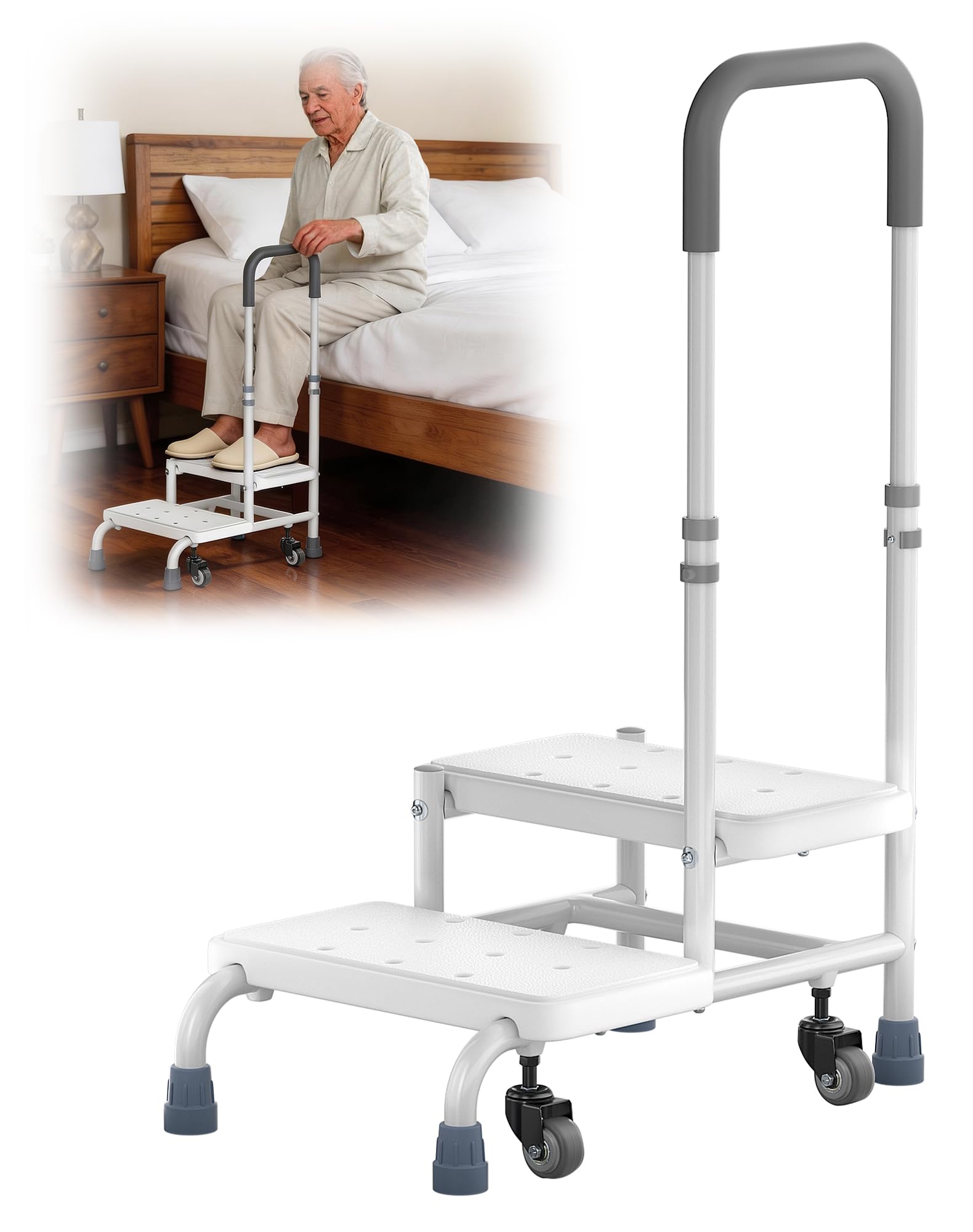 Step Stool with Handle for Elderly 2 Steps Stool with Wheel Non Slip Platform and Height Adjustable Handrail