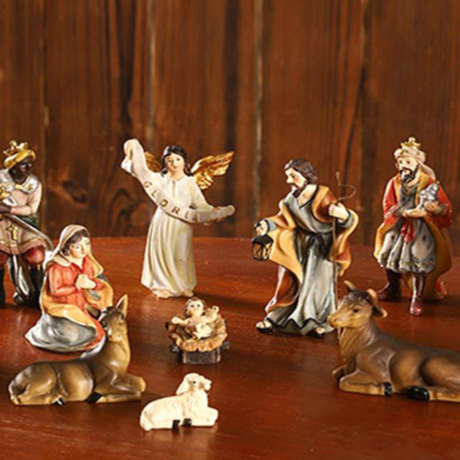 pistro 11-Piece Nativity Set, Includes Holy Family, Three Kings, Ox and Sheep, 4" H, Resin, Decorative Figures