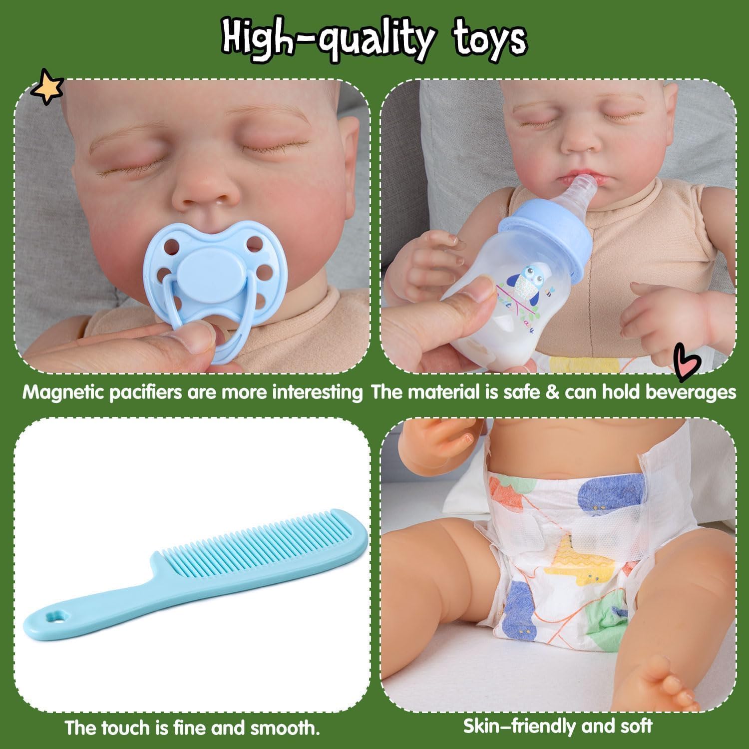 10 Pcs Reborn Baby Doll Diaper Bag Set Reborn Dolls Feeding and Caring Accessories Boy with Backpack&Diapers&Bottle&Magnetic Pacifier&Comb Newborn Baby Gift