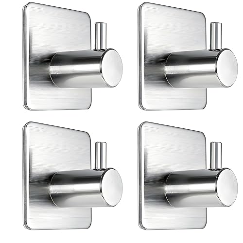 Fotosnow Adhesive Towel Hooks Heavy Duty Wall Hooks Waterproof Stainless Steel Hanger for Hanging Coat, Hat, Towel Robe Hook Rack Wall Mount- Bathroom and Bedroom 4-Packs