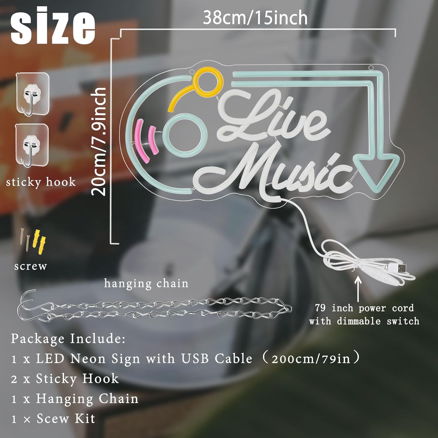 Live Music Neon Sign, Music LED Neon Lights for Wall Decor, Dimmable Live Neon Light Sign, Neon Live Sign Light up Sign for Bar Studio Bedroom Party Present Club Handcrafted Nightclub Parties - Image 3