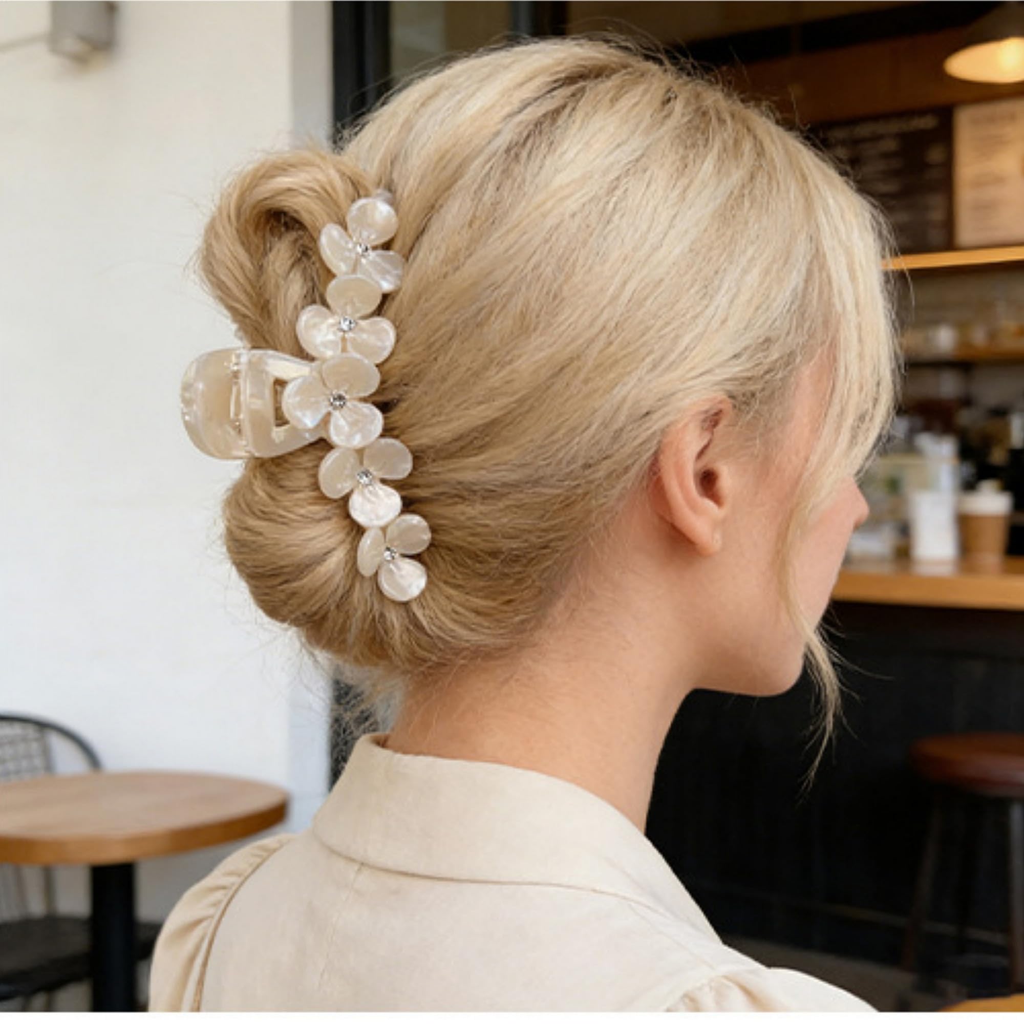 Mollette per capelli grandi da donna, fatte a mano, in acetato di cellulosa, a forma di fiore, per capelli sottili e spessi, con strass, eleganti, a forma di guscio di tartaruga