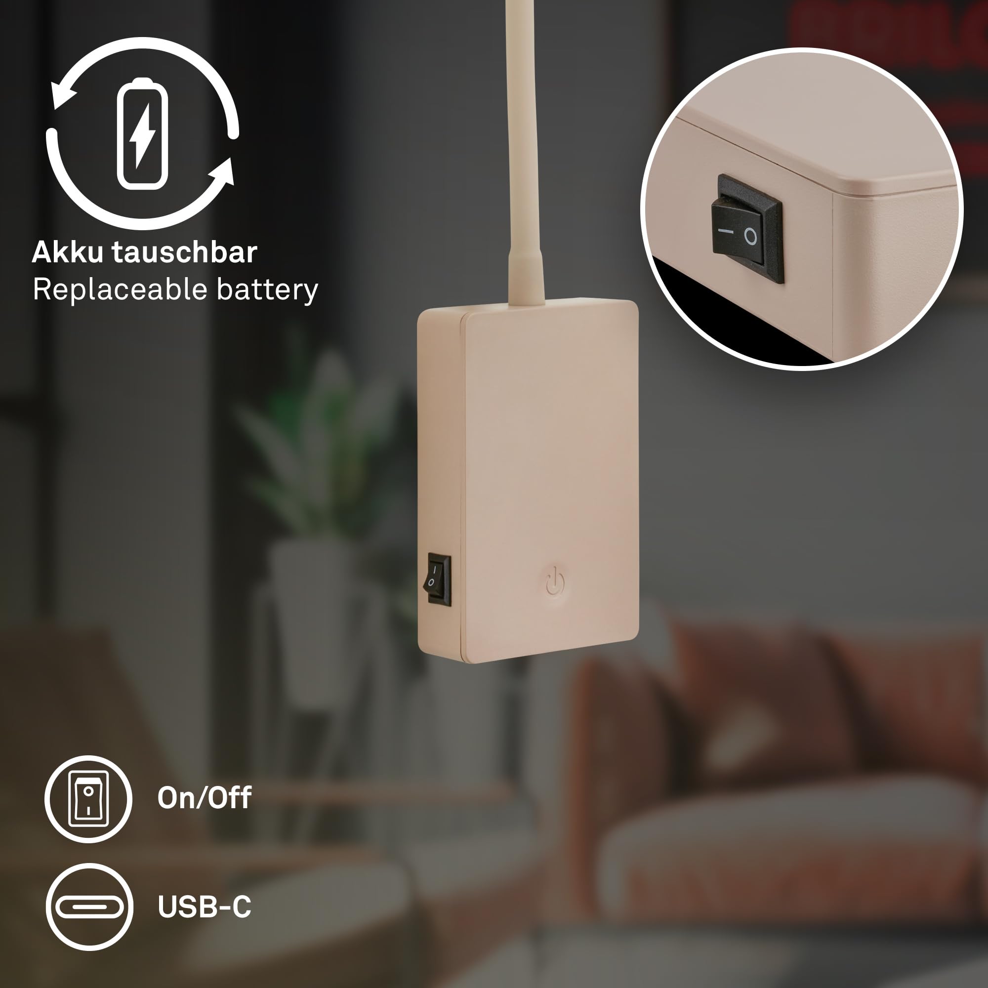 BRILONER - Aplique pared sin cable con batería recargable, táctil, luz blanca cálida, apliques dormitorio, lampara pared, 6x3x50 cm, beige