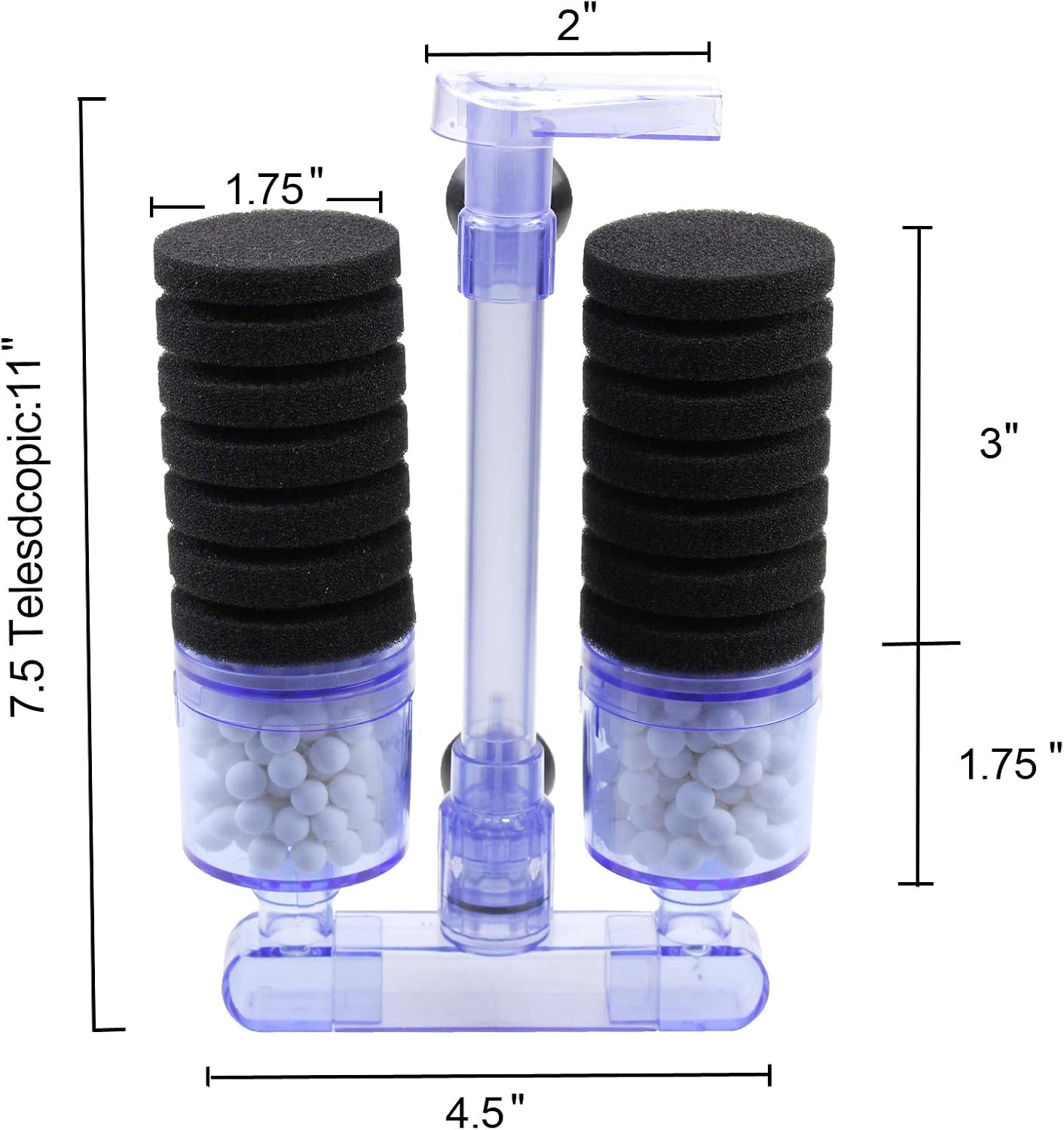 AQUANEAT Double Bio Sponge Filter, Quiet Aquarium Filter with Ceramic Media Balls, Airline Tubing and Valves Air Pump Driven, for Betta Fry Shrimp Tank (Small Up to 20 Gal)