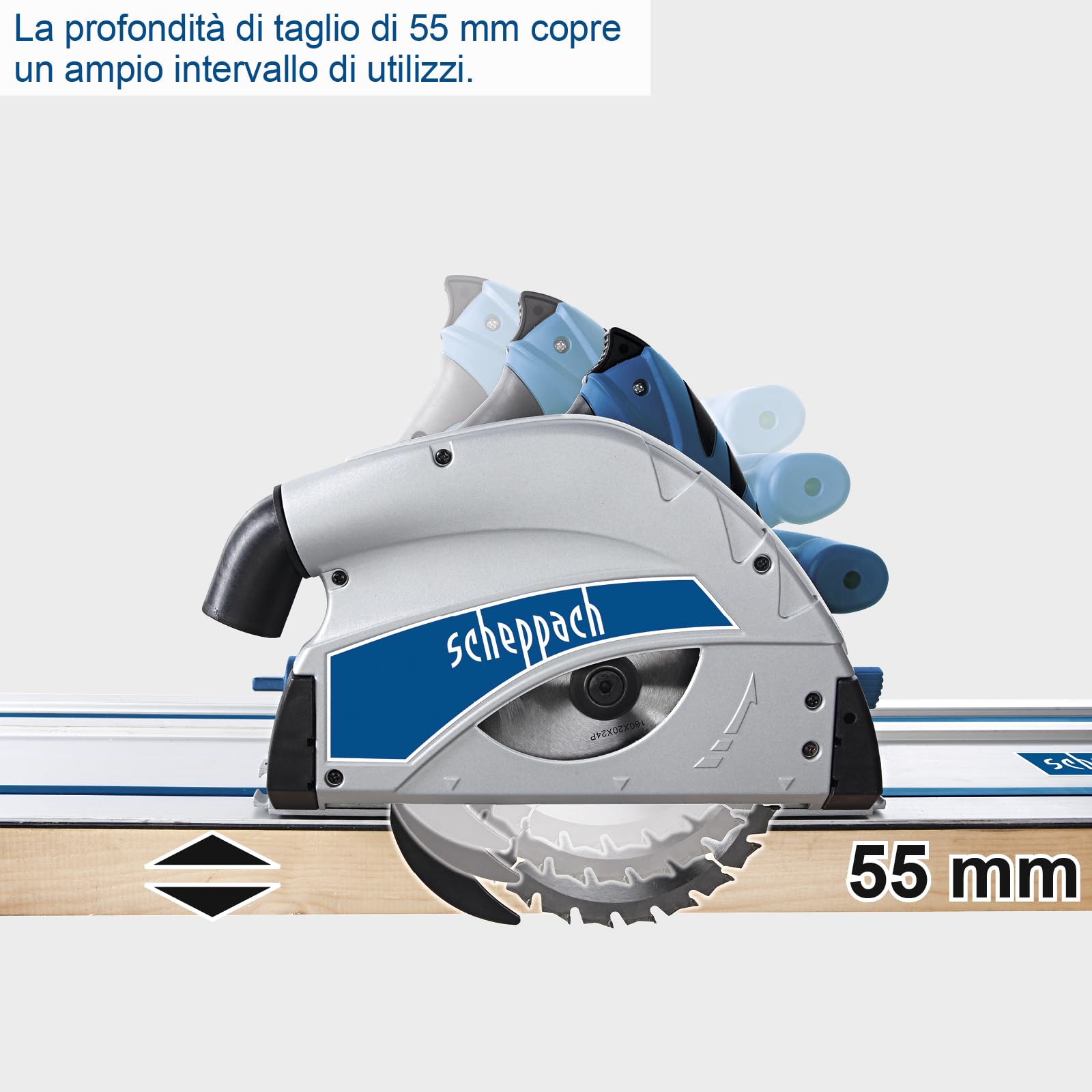 Sega a immersione Scheppach PL55 + 2 guide da 700 mm | Sega a mano/tuffo | Potenza 1200 W | Profondità di taglio 55 mm | Lama Ø 160 mm con 24 denti | Inclinazione con protezione da