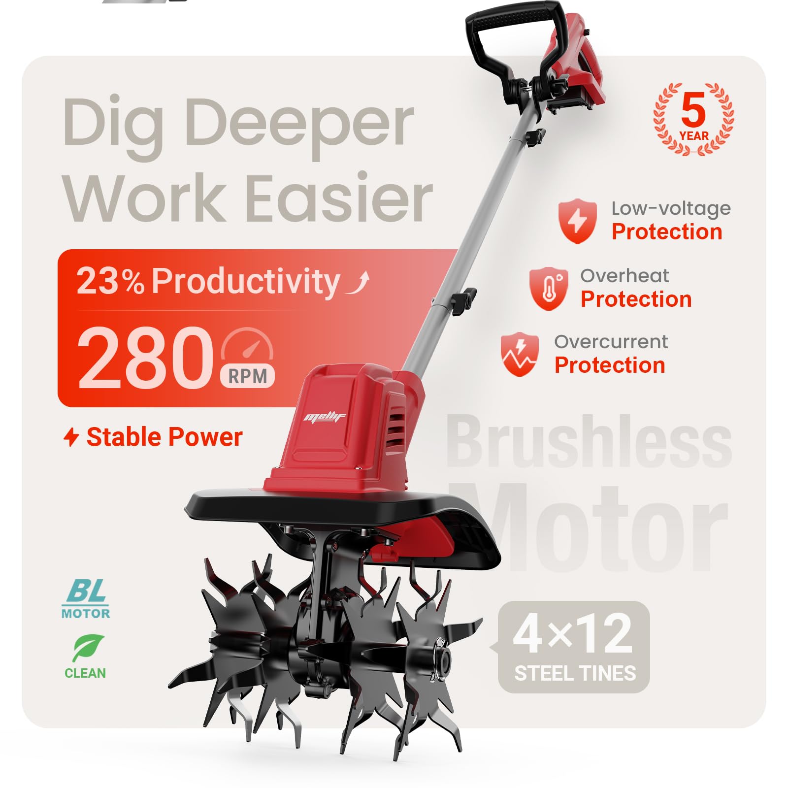 Cultivador de jardín inalámbrico sin escobillas compatible con batería Milwaukee de 18 V (solo herramienta), 10 pulgadas de ancho y 7 pulgadas de profundidad, mini aireador giratorio de 48 dientes