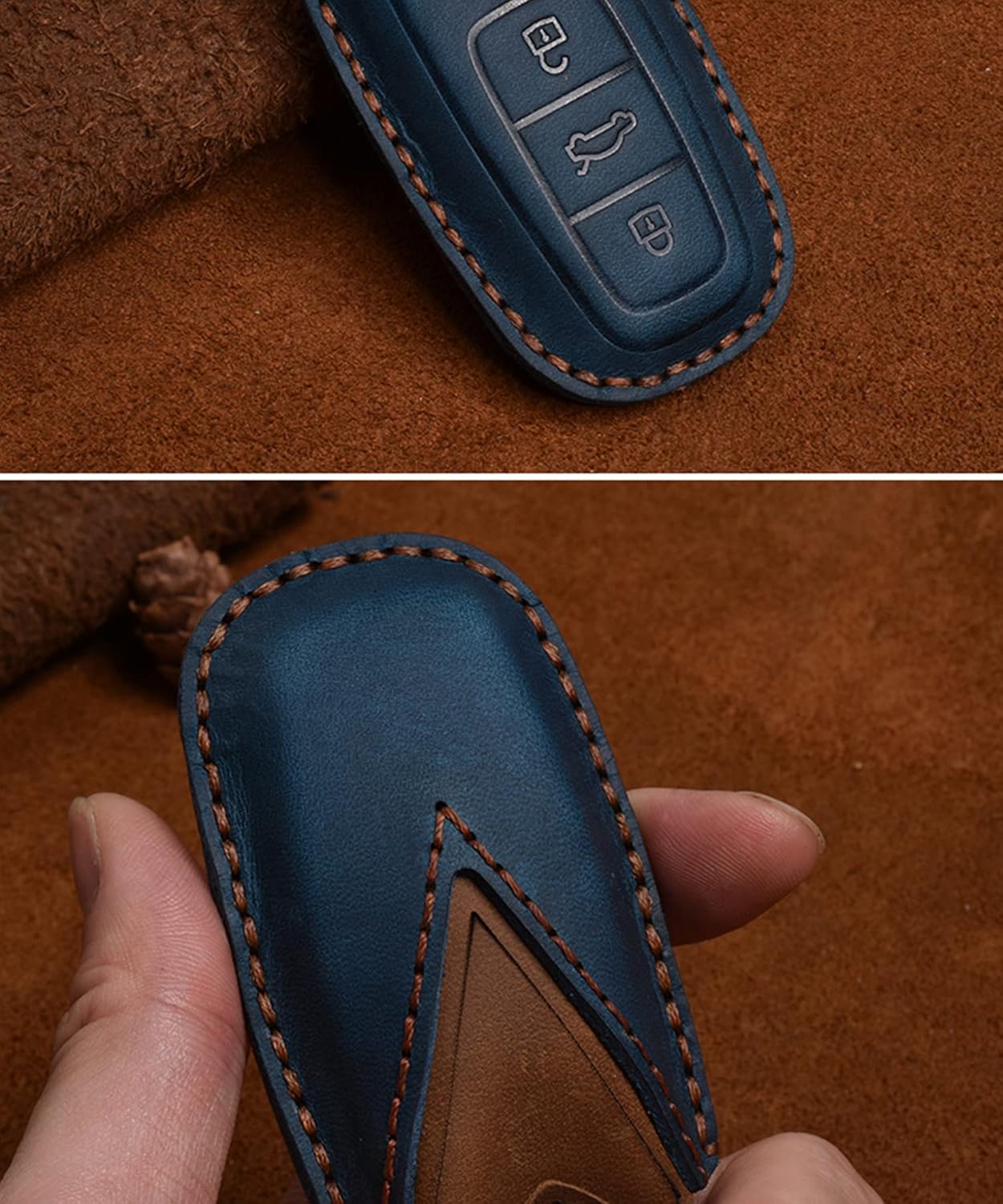 Genuine Leather Key Fob Case Key Cover Shell Key Protector Compatible for Audi A6L A6 A7 A8 Q7 Q8 E-Tron 2018-2022 A3 S3 S6 SQ7 RS6 S7 RS7(Blue)