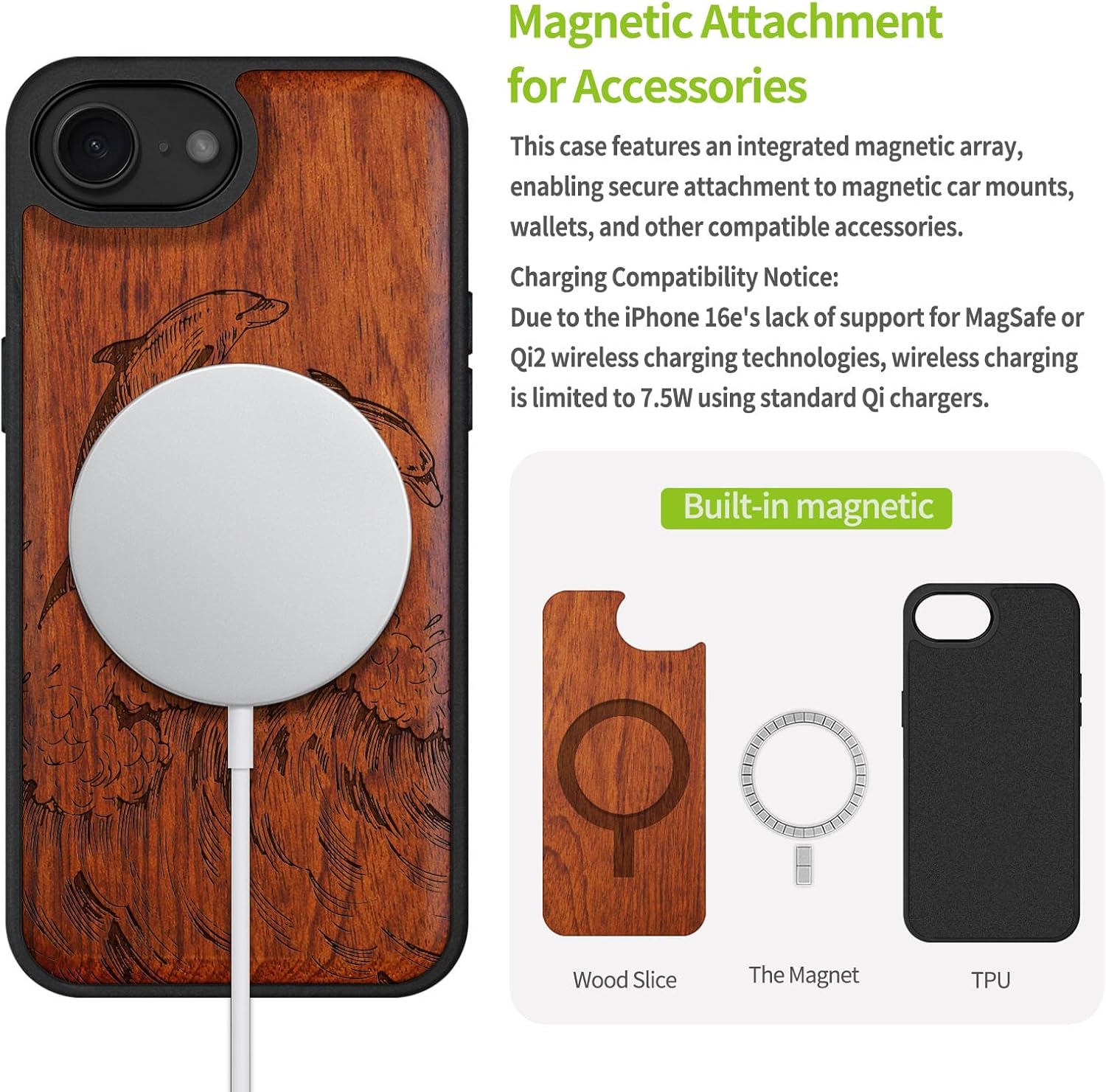 Carveit Magnetic Wooden Case for iPhone 16e / 17e, Solid Wood & Black TPU, Artisan Engraved Design, Shockproof Cover, Compatible with MagSafe Wireless Chargers, Dolphins in The Waves - Rosy
