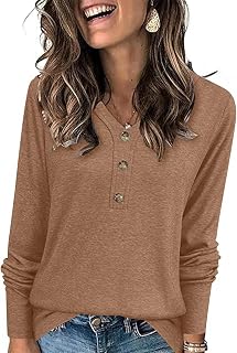 Womens Casual V Neck Long Sleeve Shirts Fall Trendy Loose Fit Tunic Tops Lightweight Comfort Lounge Tees
