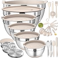 UmiteChef 26PCS Stainless Steel Mixing Bowls Set with Airtight Lids, 3 Grater Attachments, Non-Slip Bottoms & Kitchen Tools - 1-7QT Khaki