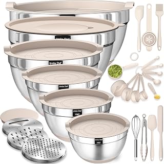 UmiteChef 26-Piece Stainless Steel Mixing Bowls Set with Airtight Lids, Grater Attachments, Non-Slip Bottoms - 1QT to 7QT