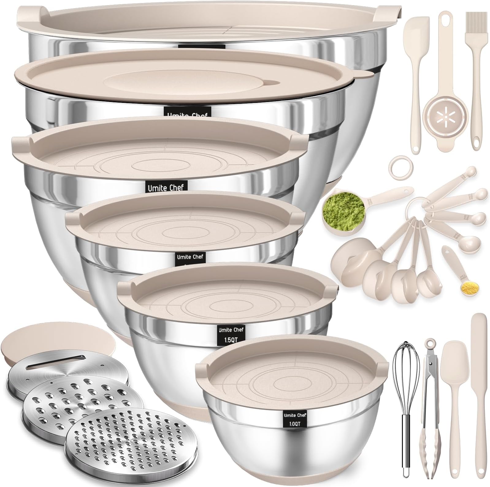 Mixing Bowls with Airtight Lids Set, 26PCS Stainless Steel Khaki Bowls with 3 Grater Attachments, Non-Slip Bottoms & Kitchen Gadgets Set, Size 7, 3.5, 2.5, 2.0,1.5, 1QT, Great for Mixing & Serving