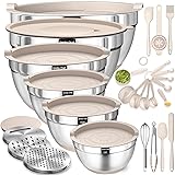 Mixing Bowls with Airtight Lids Set, 26PCS Stainless Steel Khaki Bowls with Grater Attachments,...