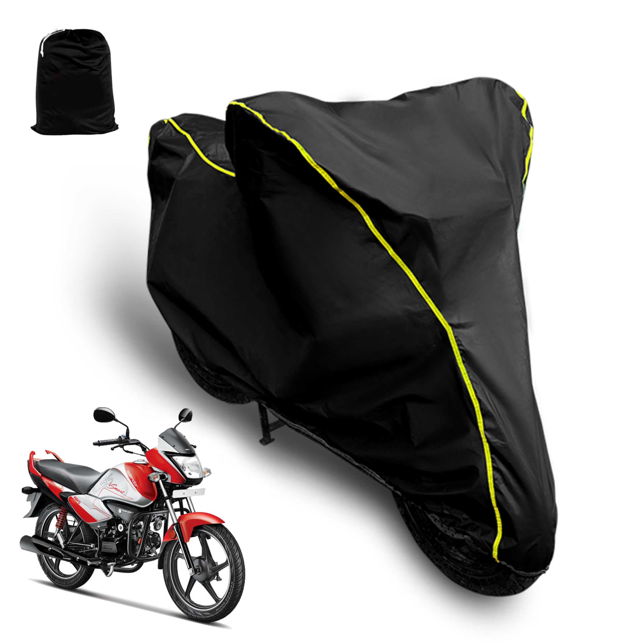 Waterproof Bike Cover Compatible with Hero Splendor I Smart Cover with All Weather Protection and Triple Stitch, Heavy Buckle with Storage Bage & Black with Yellow Piping-image-31