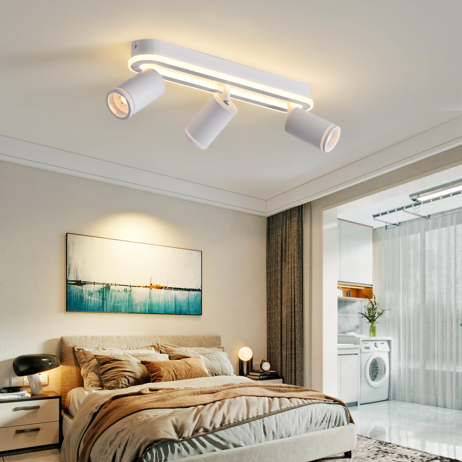 MYCUL LED Deckenstrahler 3 Flammig Schwenkbar 350°, Deckenleuchte mit unteres Glühen 27W+3x5W GU10 Spots,3000K Warmweiß Deckenspot strahler,Modern Deckenlampe Lampe,Spotleuchte für Küche,Flur-Weiß