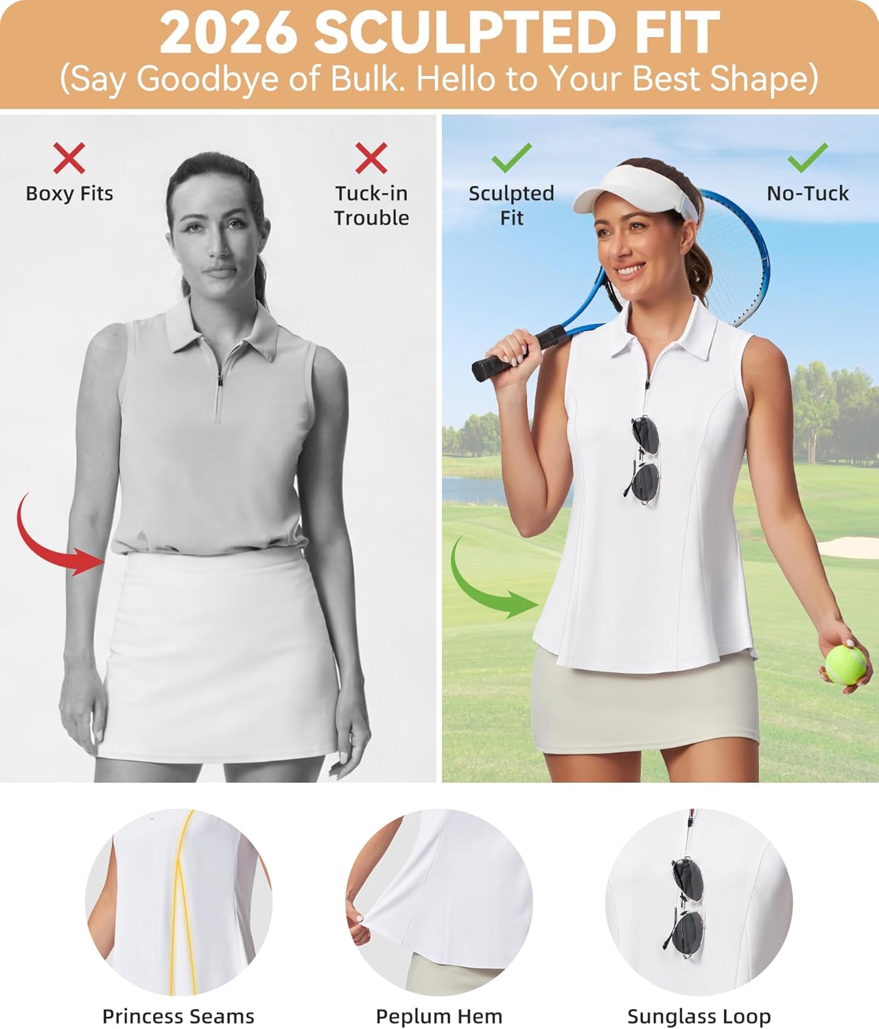 Casei Women's Sleeveless Golf Polo Shirt with Sunglass Loop, UPF 50+ Quick Dry Tennis Pickleball No-Tuck Peplum Top 1/4 Zip - Image 4