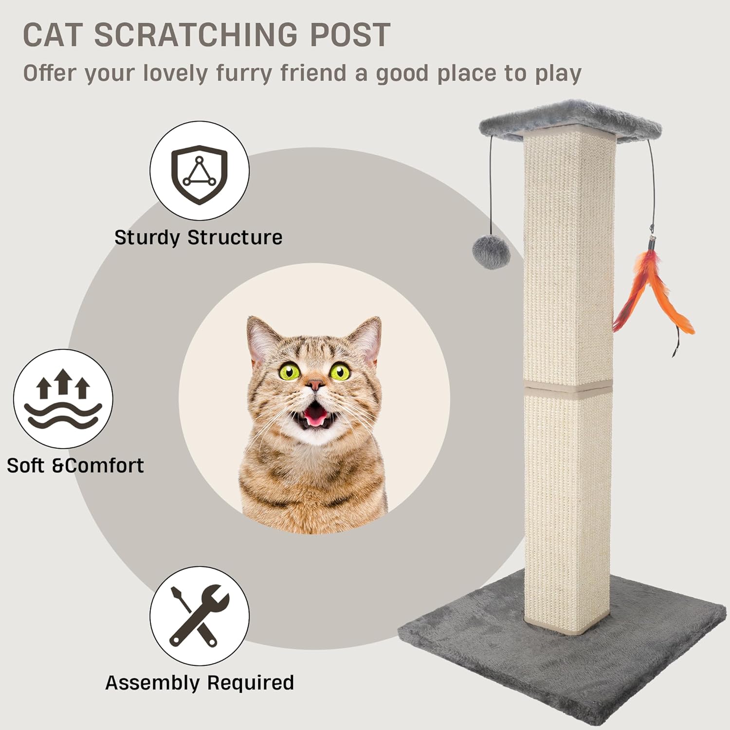 review 33.5 Inch Cat Scratching Post Heavy Duty and Thicker Cat Scratching Posts Sisal Protects Furniture with Feather Toy and Hanging Ball Cat Scratcher for Indoor Cats and Adult