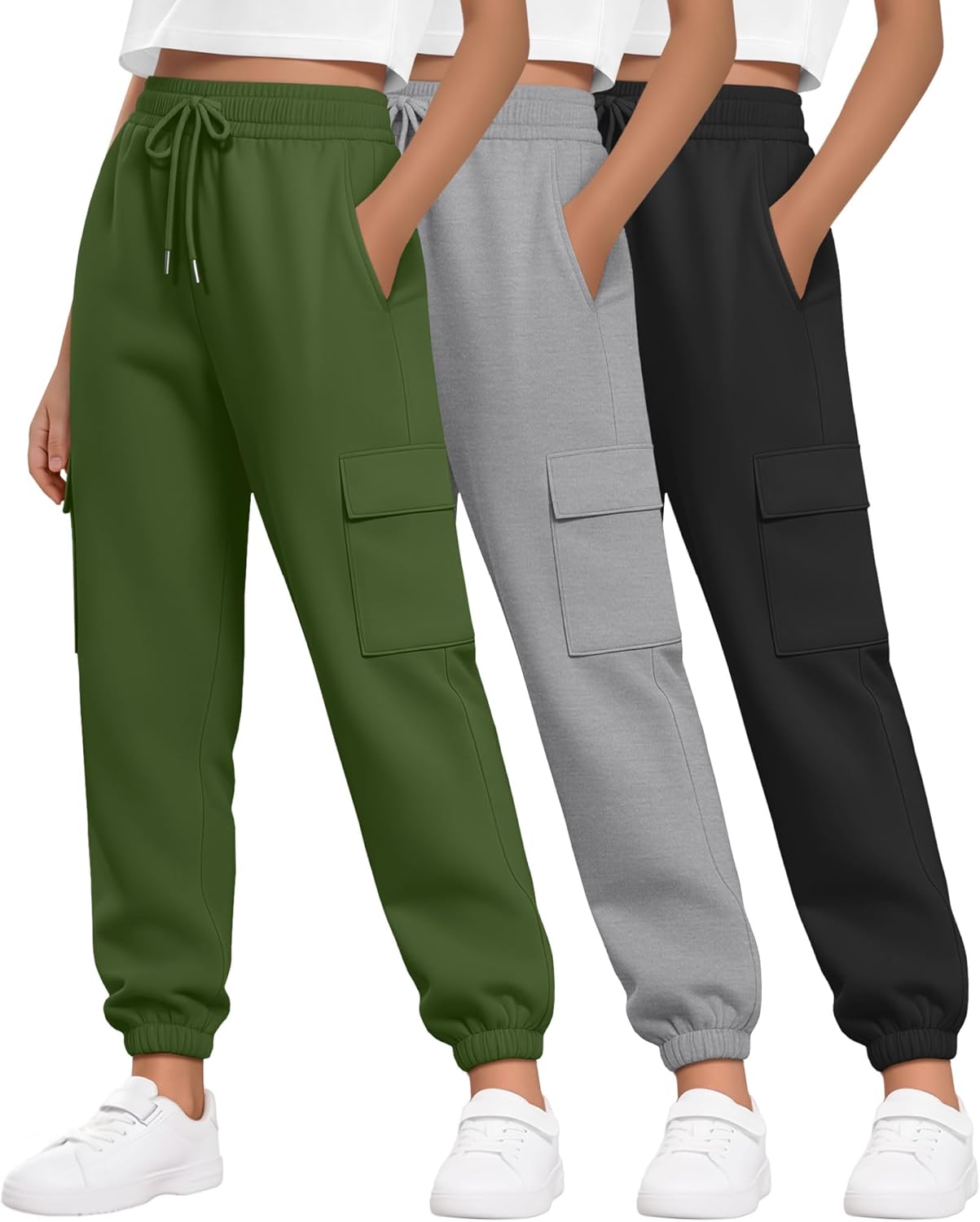 3 Pack Girl's Cargo Sweatpants Joggers Pants Causal Gym Athletic Workout High Waist Fall Outfits with Pocket