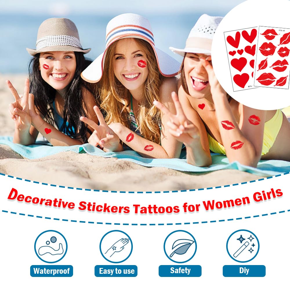 10 Sheets Red Lip Tattoo Stickers Waterproof Red Lip Temporary Kiss Tattoos Long Lasting Love Heart Tattoos Cute Flowers Decorative Stickers for Face Arms Neck Face Body Art - Image 4