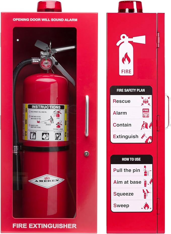 10 lb Fire Extinguisher Cabinet Box – Wall Mount Metal Case with Alarm, Lock, and Acrylic Break-Glass Window – Fits 5 lb and 10 lb Extinguishers (Single Red Cabinet)