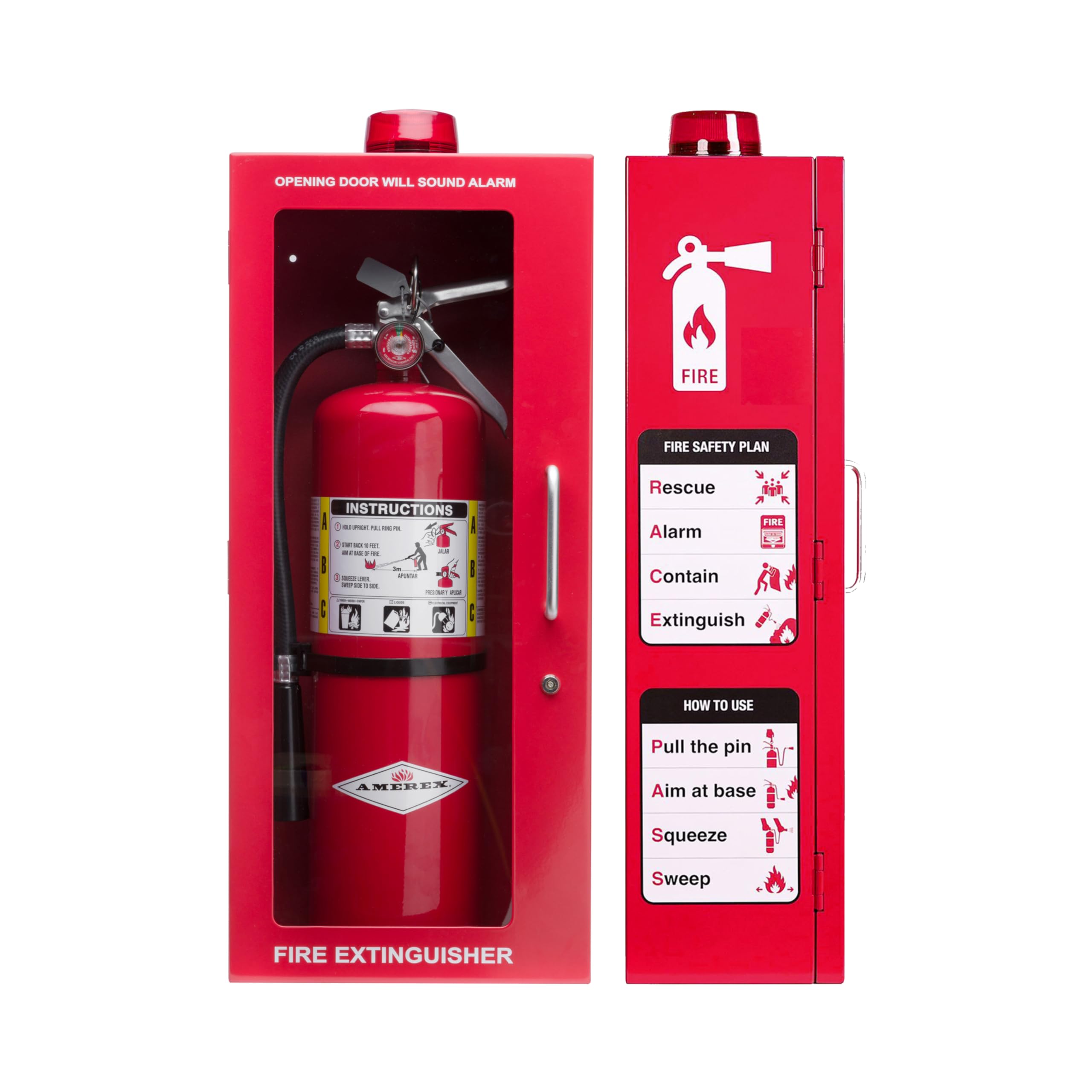 Extintor de 5 libras con alarma, cerradura y ventana acrílica rompible | Montaje en pared o superficie | Se adapta a extintores de hasta 5 libras | Instrucciones de seguridad contra incendios