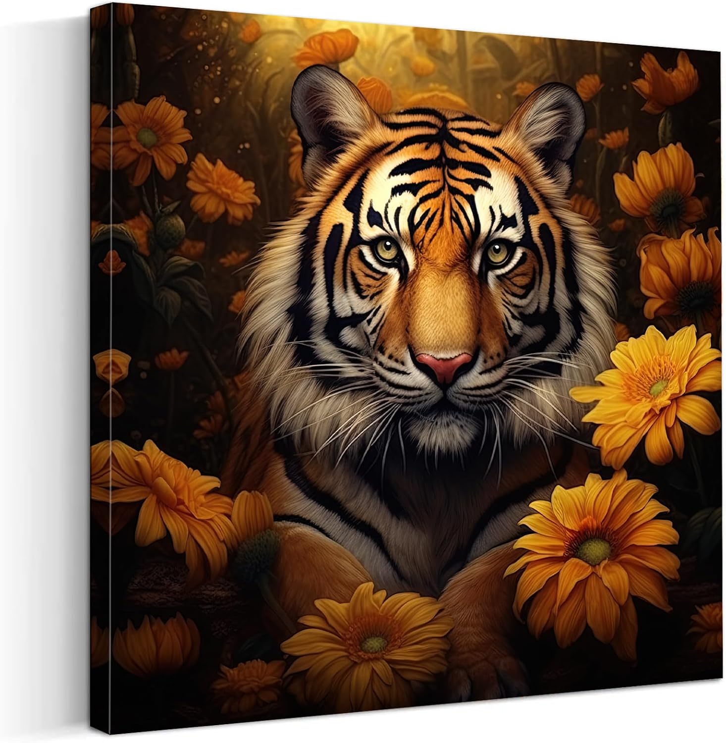 GLOKAKA Lion Canvas Wall Art Watercolor Print Lion With Flowers Painting Poster Floral Lion Wall Decor for Bathroom Home Living Room Bedroom,Ready to Hang