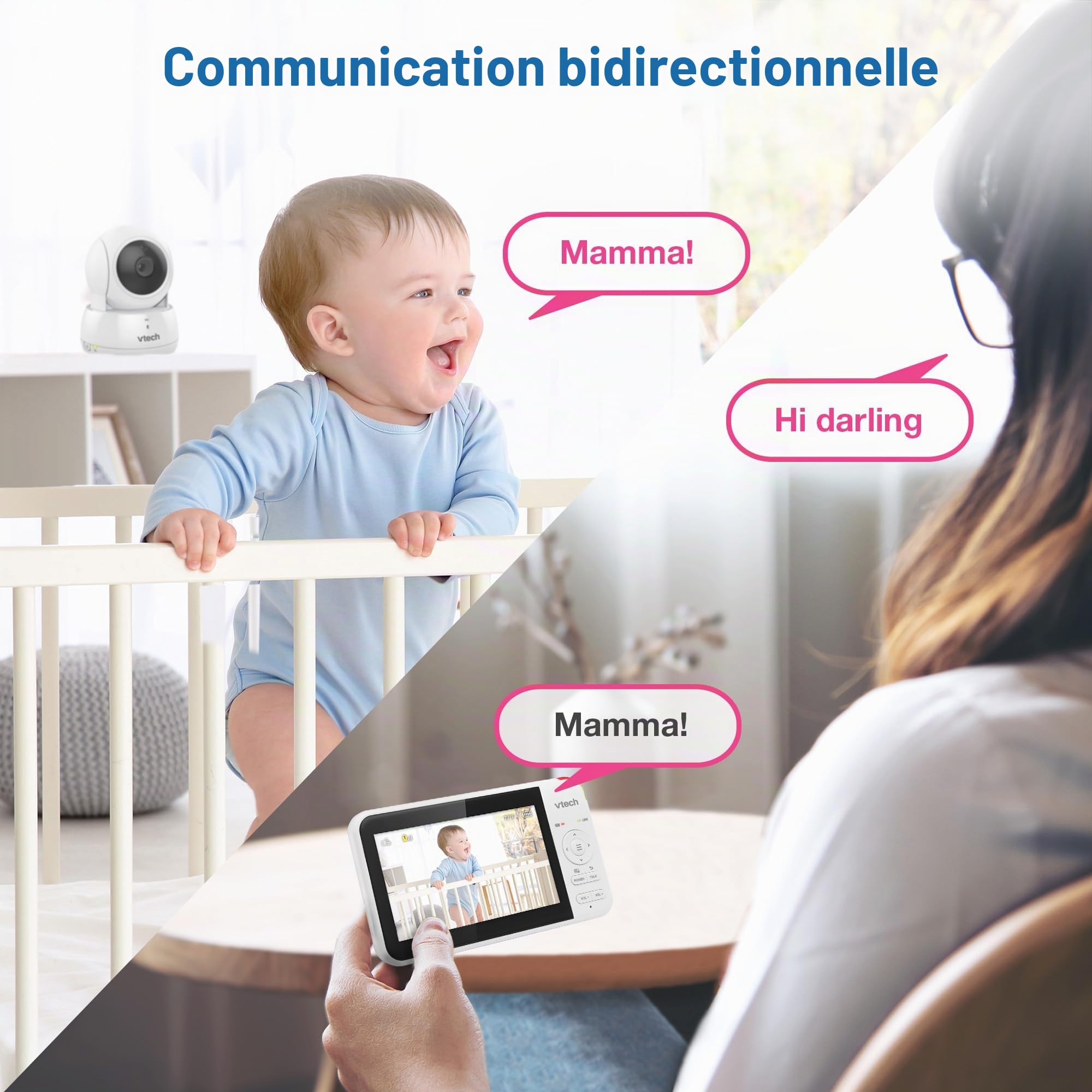 VTech VM924-2 Moniteur vidéo avec télécommande Pan-Tilt-Zoom 2 Cam, écran LCD de 12,7 cm, jusqu'à 17 heures de transmission vidéo, vision nocturne, portée jusqu'à 300 m, sons apaisants