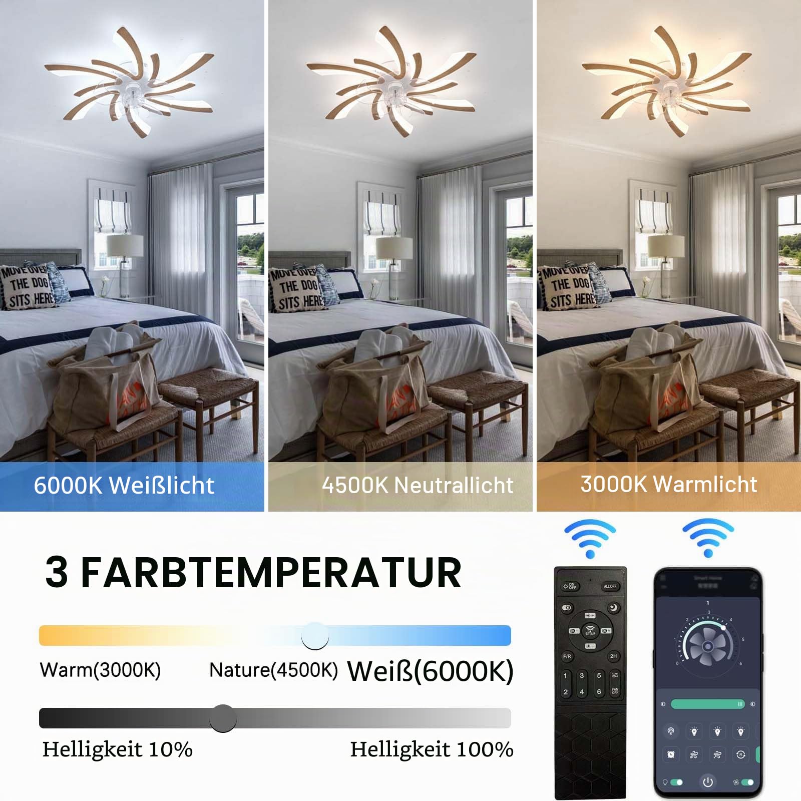 78cm Deckenlampe mit Ventilator Holz led DC Motor für Schlafzimmer | Timer Moderne Deckenventilator mit Beleuchtung und Fernbedienung Leise Design Küche,6-Geschwindigkeit Dimmbar Reversibel
