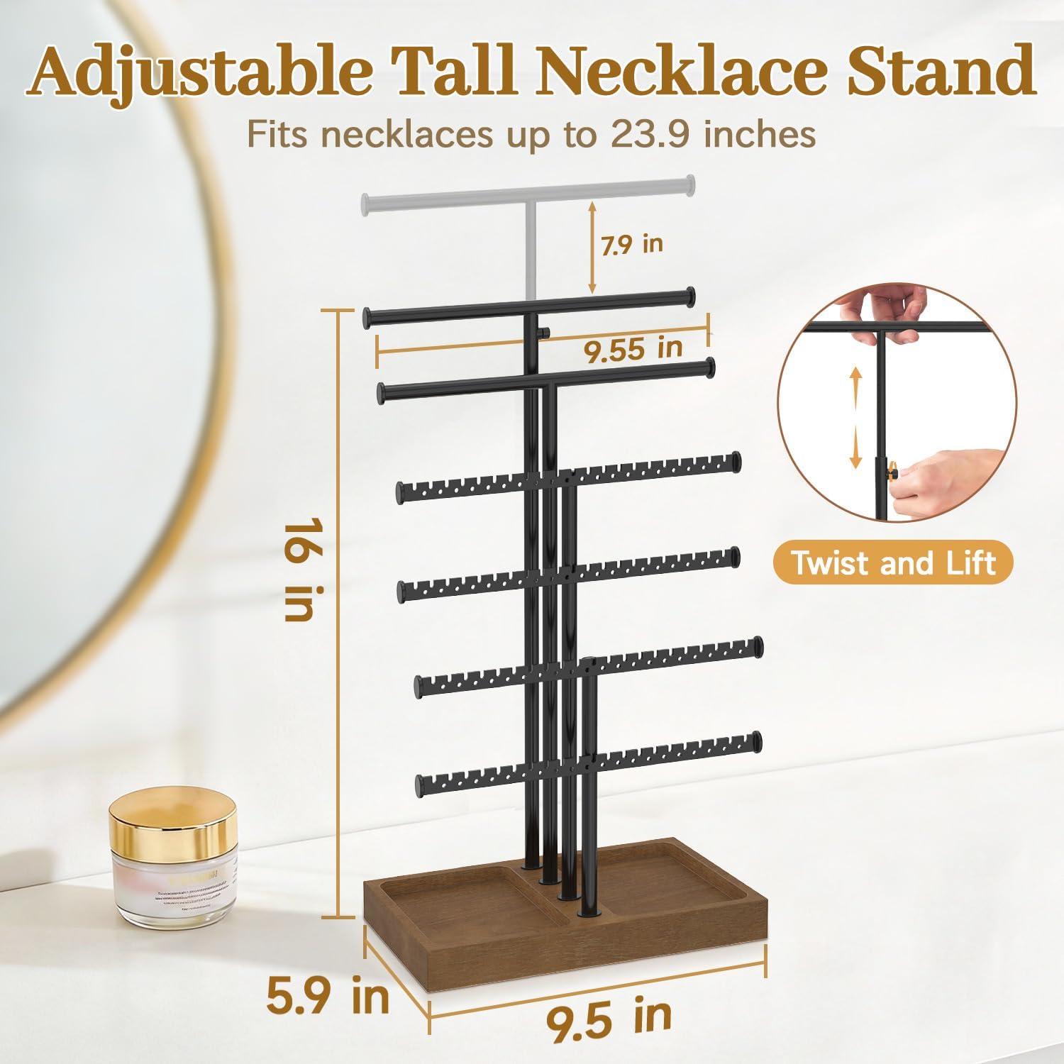 MODOWEY Necklace Holder Organizer Earring Display Stand with Wooden Tray, Metal Adjustable Bracelet Tree Rack for Women Vendor Selling, 6 Tier Tall T Bar Large Storage Tower for Find Jewelry In Second - Image 2
