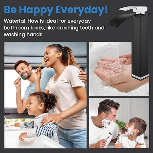 Vista 90 de Airuida Grifo de baño de cascada negro mate, grifo de baño de un solo agujero, grifo mezclador de montaje en cubierta con placa de cubierta, grifo