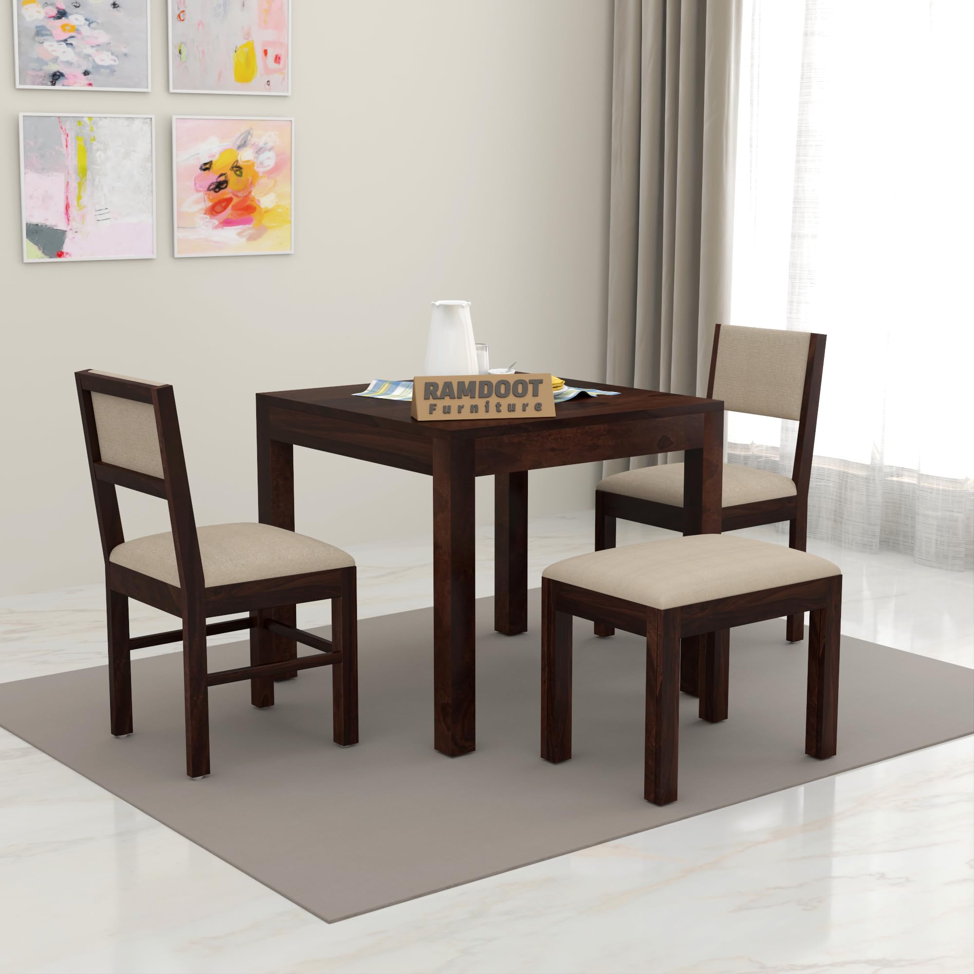Solid Sheesham Wood 3 Seater Dining Table Set | Three Seater Dinner Table with 2 Cushions Chairs & 1 Bench | Dinning Table Set 3 Seater for Living Room | Wooden Table & Chair Set | Walnut Finish-image-26