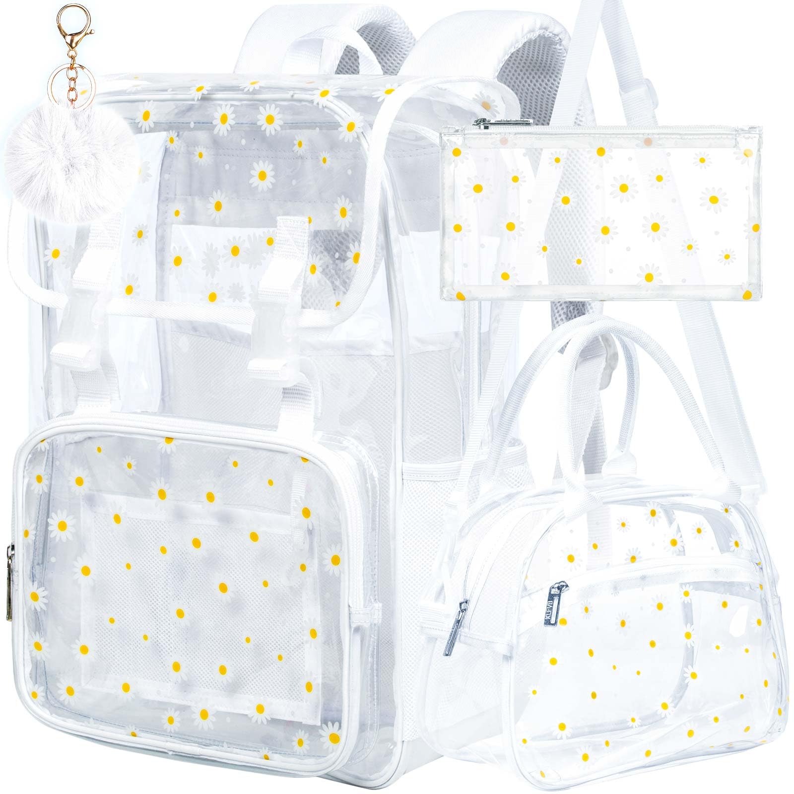 FTJCF 3PCS Clear Backpack, Heavy Duty Transparent Bookbag for Girls Women, Stadium Approved See Through Backpack Set (White Daisy)