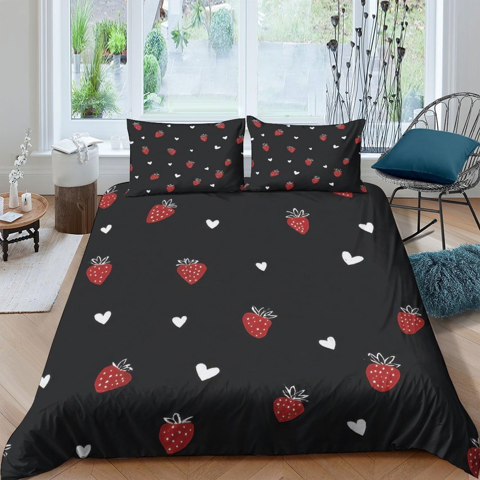 Ctjqhvkz Style-10 3D Printed Strawberry Heart Fitted Sheet Microfiber Soft Black Bed Cover For Bedroom Dorm Mattress Protection Decor Single（135X200cm）