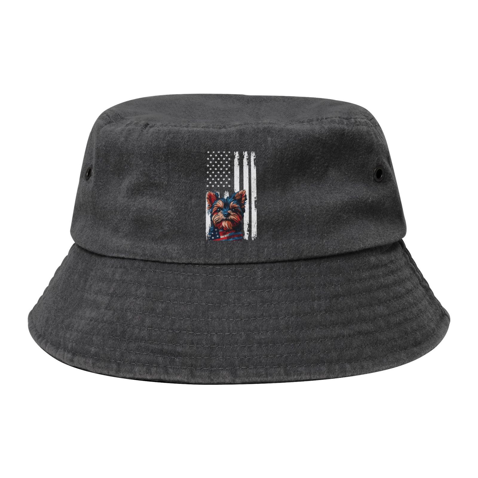 Qauirfe Yorkshire Terrier Yorkie American Flag Fashion Cowboy Denim Fisherman Hat Outdoor Fishing Cap Sun