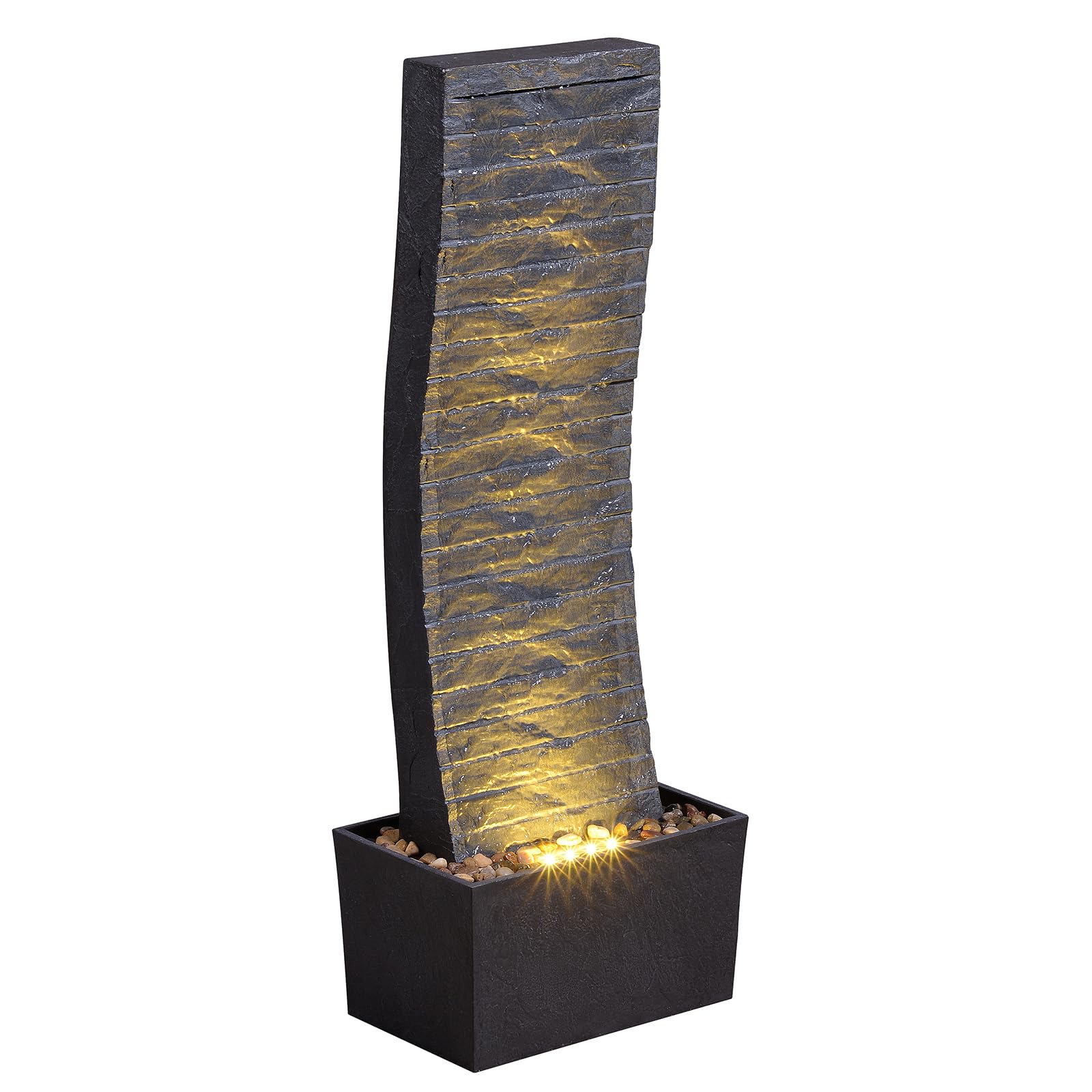 MSEONWXI Modern Outdoor Water Fountain with LED Lights - Large Curved Waterfall Fountain for Patio, Garden, Backyard - 36.2