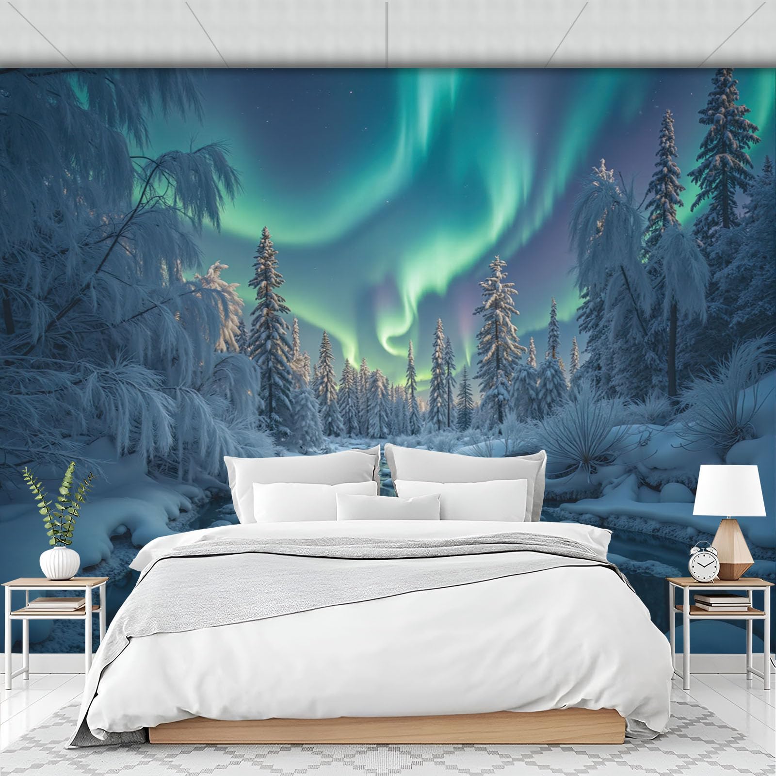 Carta da parati 400x280cm - Murale alla Fiumi Di Ghiaccio E Neve Aurora Boreale Decorazione da Muro Poster Gigante Paesaggio Invernale Tessuto di Seta per Camere Soggiorno Ufficio, Verde Fluorescente