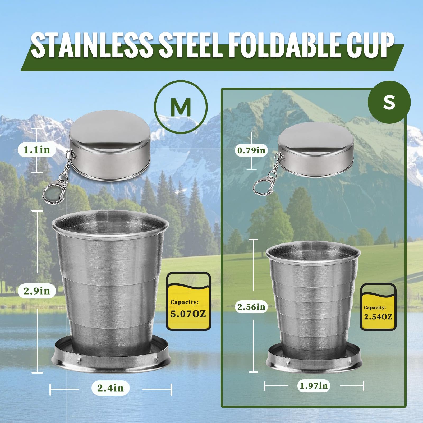 HYSENE 2 Pcs Stainless Steel Collapsible Cup, Foldable Cup with Lid and Keychain, Collapsible Cups for Traveling, Camping, Hiking, Biking and Daily Use (Small 2.5oz)